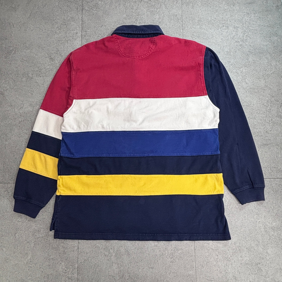 【90s IZOD アイゾッド 長袖ラガーシャツ】マルチボーダー 刺繍ロゴ L 100%コットン マレーシア製 古着/9-2
