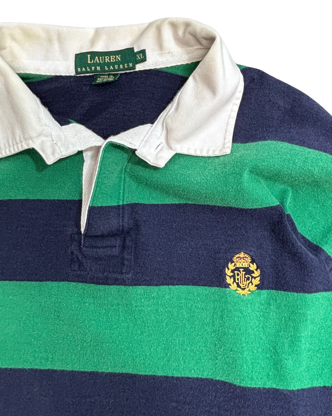 LAUREN RALPH LAUREN ラガーシャツ XL ボーダー 長袖 ラルフローレン グリーン ネイビー 刺繍ロゴ コットン4/48