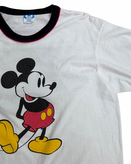 【Disney USA製 ミッキーマウス リンガーTシャツ XL】90年代 ヴィンテージ Mickey Mouse キャラクターT 白T 古着/4-49