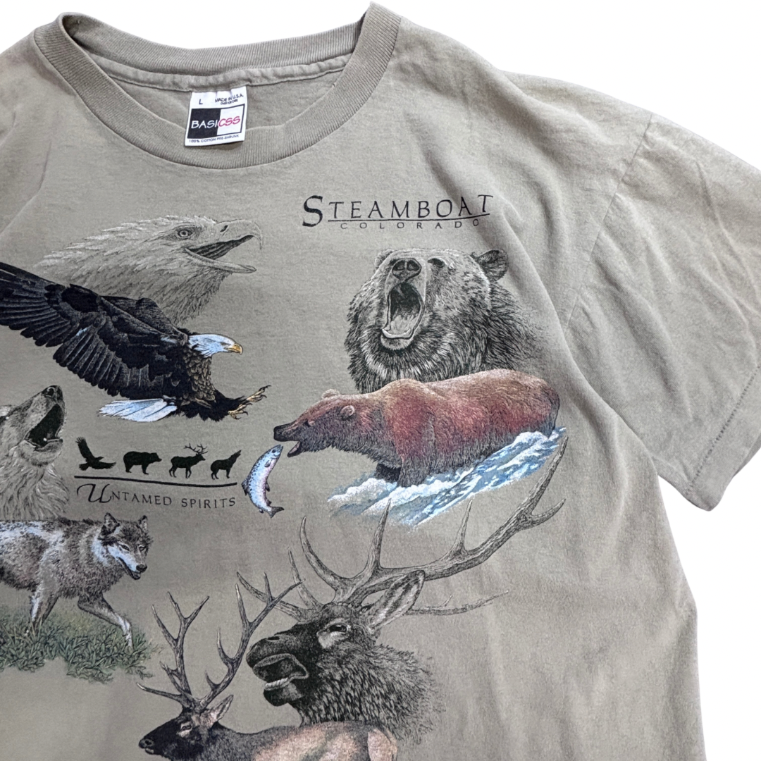 【STEAMBOAT COLORADO アニマルプリントTシャツ】USA製 BASICS 90s ネイチャー アウトドア L/7-29