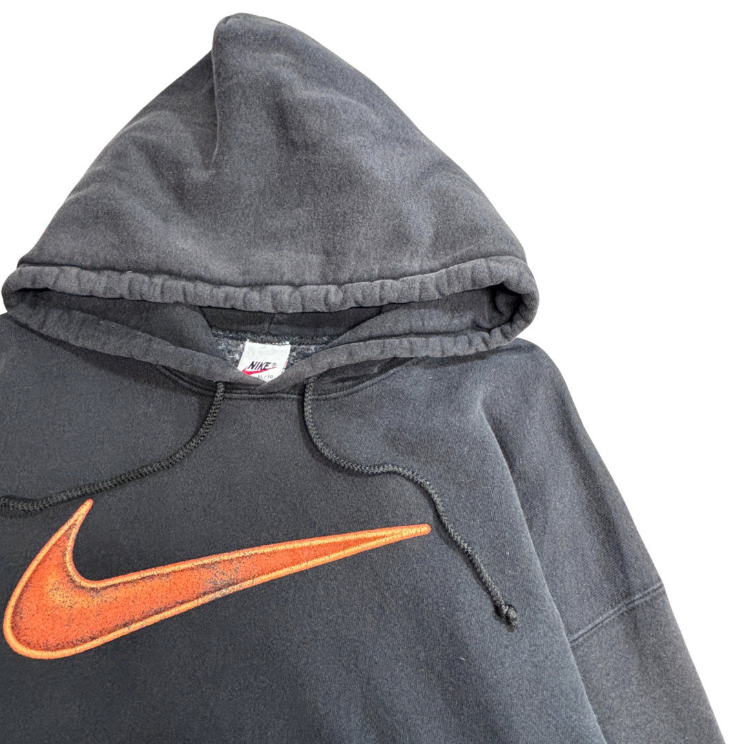 【90s NIKE ビッグスウッシュ パーカー】ナイキ ブラック フェード オレンジスウッシュ XL 銀タグ 古着/9-5