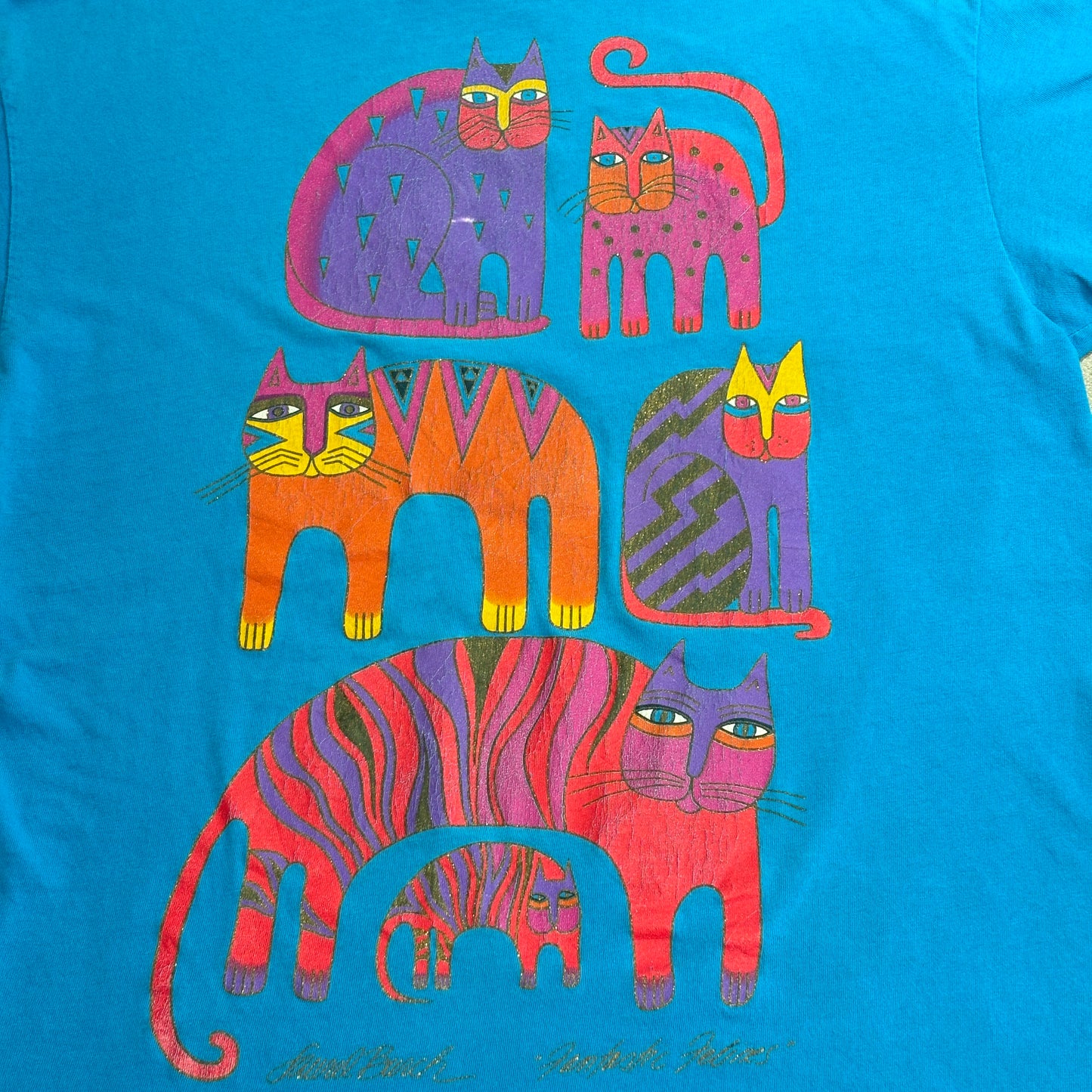 90s Laurel Burch Cat アートTシャツ USA製 シングルステッチ｜カラフル猫デザイン ヴィンテージ/3-47