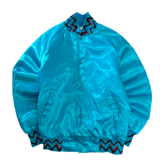 90s USA製 Westark “Blackfeet Reservation” サテンスタジャン ターコイズ×トライバルリブ M ビンテージ/ヴィンテージ ナイロン 中綿キルティング
