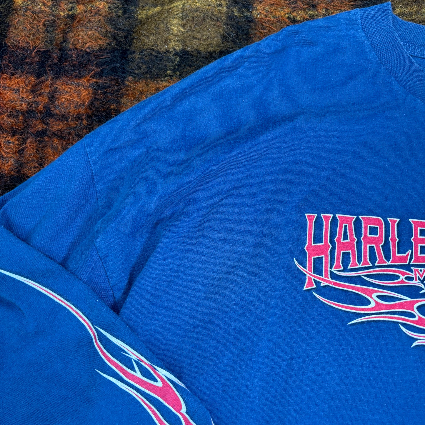 90s Harley-Davidson ロングスリーブTシャツ 3XL NYC スカル×ファイヤーパターン 青 ブルー