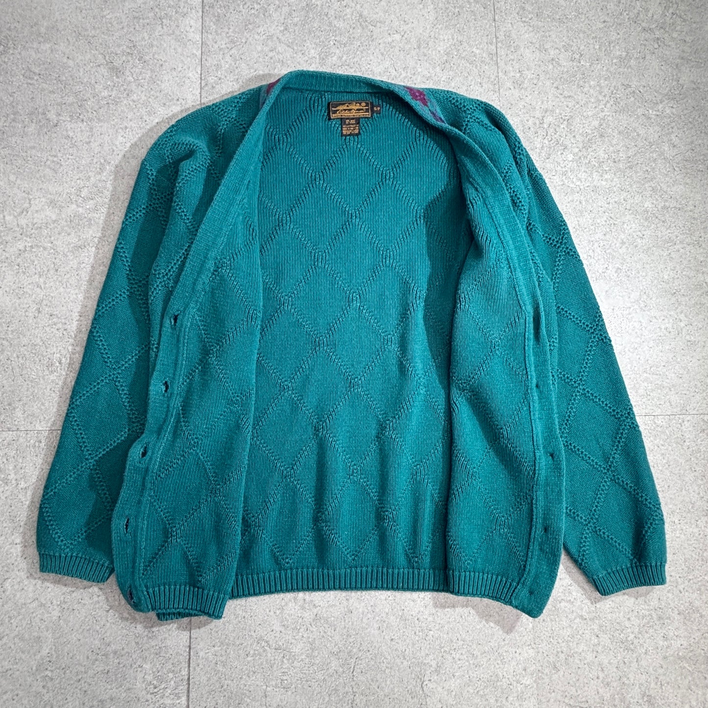 Eddie Bauer 80s〜90s コットンニットカーディガン / ターコイズブルー / ダイヤ柄 / Sサイズ1-13