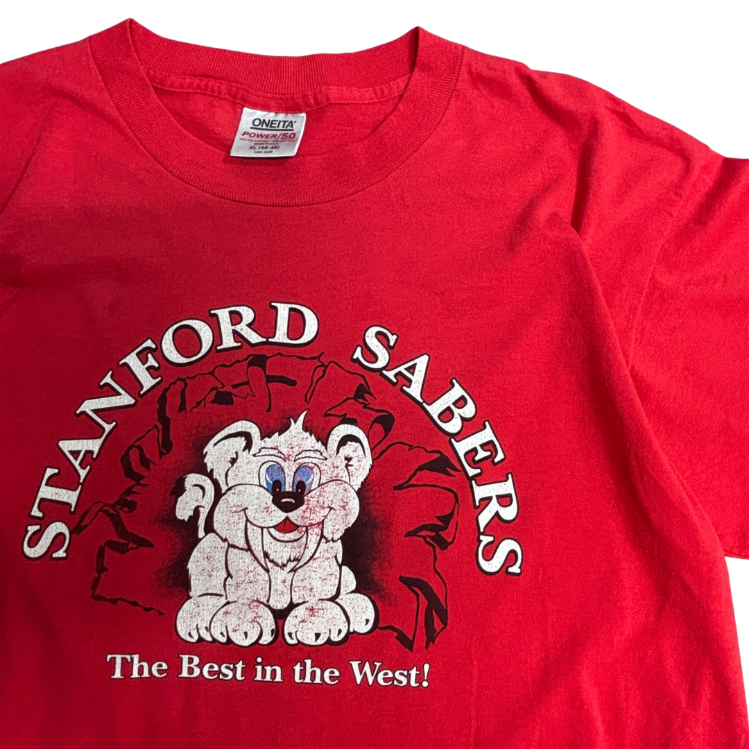 【ONEITA POWER 50/50】STANFORD SABERS アニマルキャラクター プリントTシャツ USA製 レッド/7-38