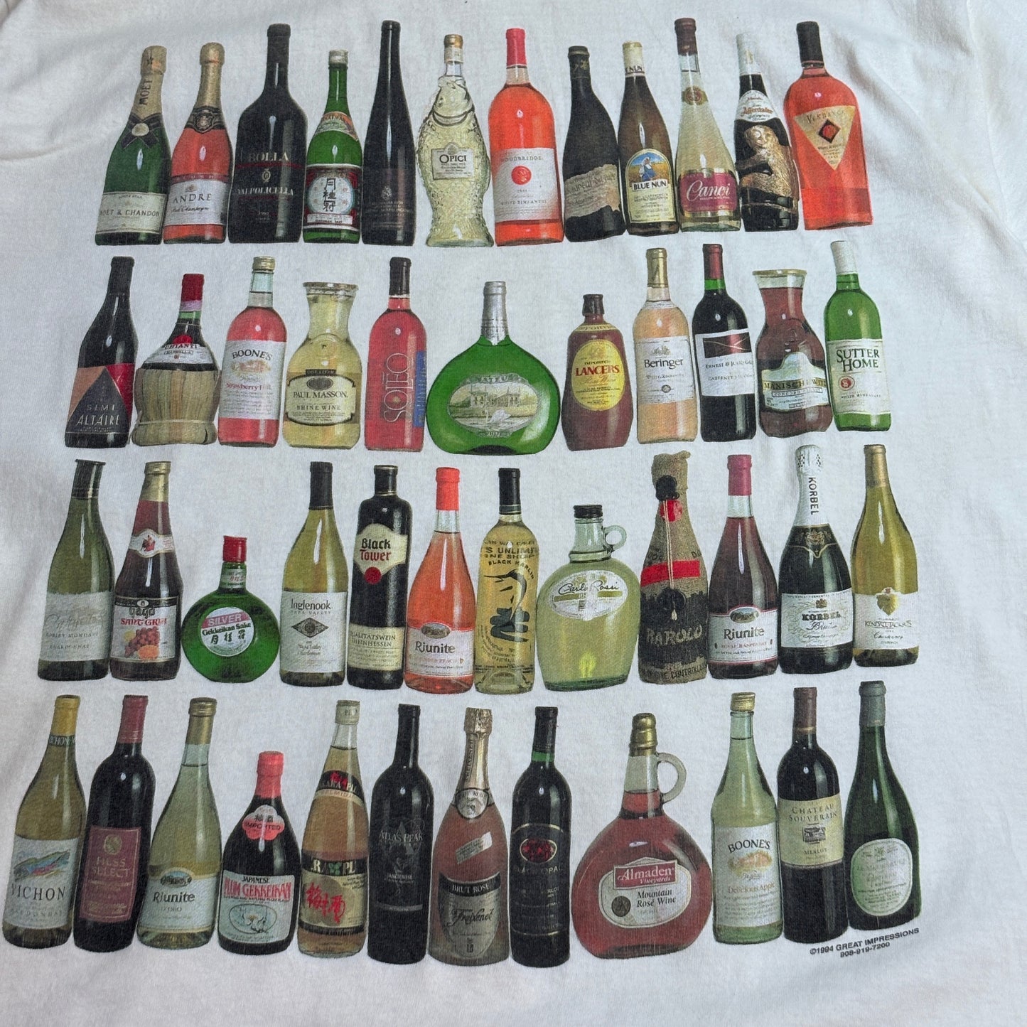 【90s GREAT IMPRESSIONS ワインボトル 総柄Tシャツ】ホワイト USA製 FRUIT OF THE LOOM XL 1994年コピーライト/8-48