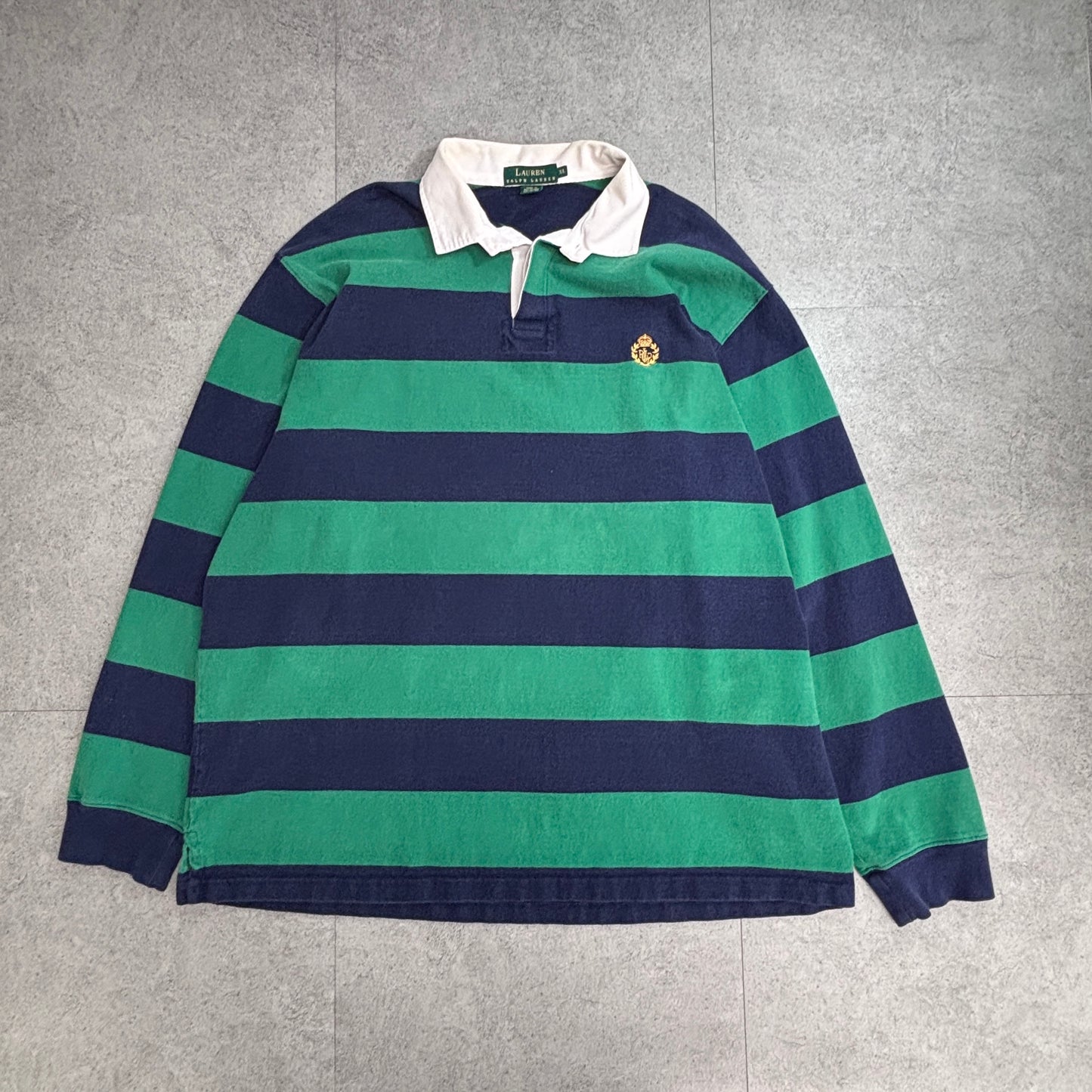 LAUREN RALPH LAUREN ラガーシャツ XL ボーダー 長袖 ラルフローレン グリーン ネイビー 刺繍ロゴ コットン4/48
