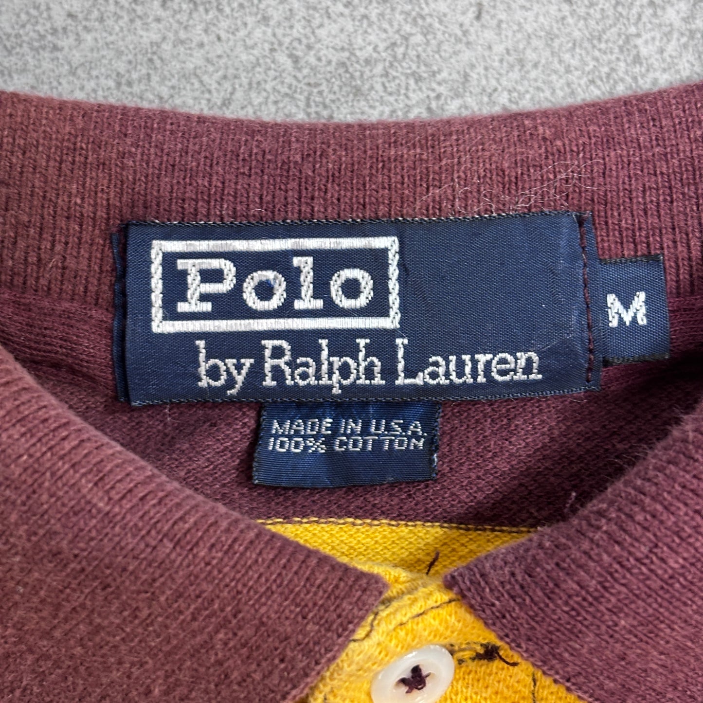 【Polo by Ralph Lauren ボーダー 長袖ラガーシャツ】USA製 M イエロー×バーガンディ ポニー刺繍 古着/8-55