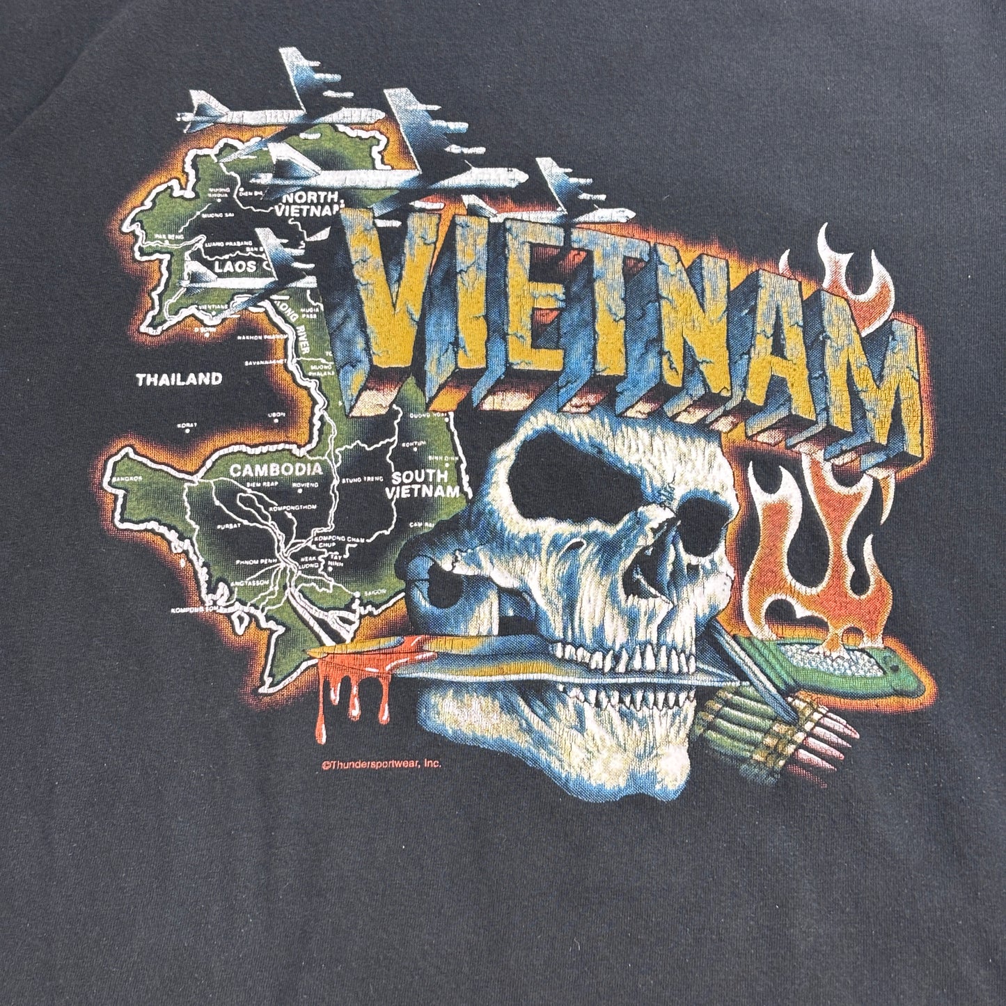 【VIETNAM スカルプリントTシャツ】Thunder Sportswear ベトナム戦争 ミリタリー ブラック L 古着/7-99
