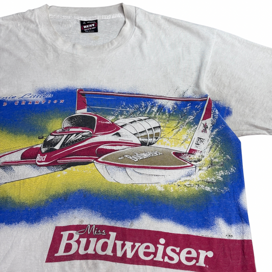 【Budweiser 1991 Miss Budweiser プリントTシャツ】バドワイザー ハイドロプレーン Bernie Little WORLD CHAMPION USA製 90s BEST Fruit of the Loom 古着/8-33