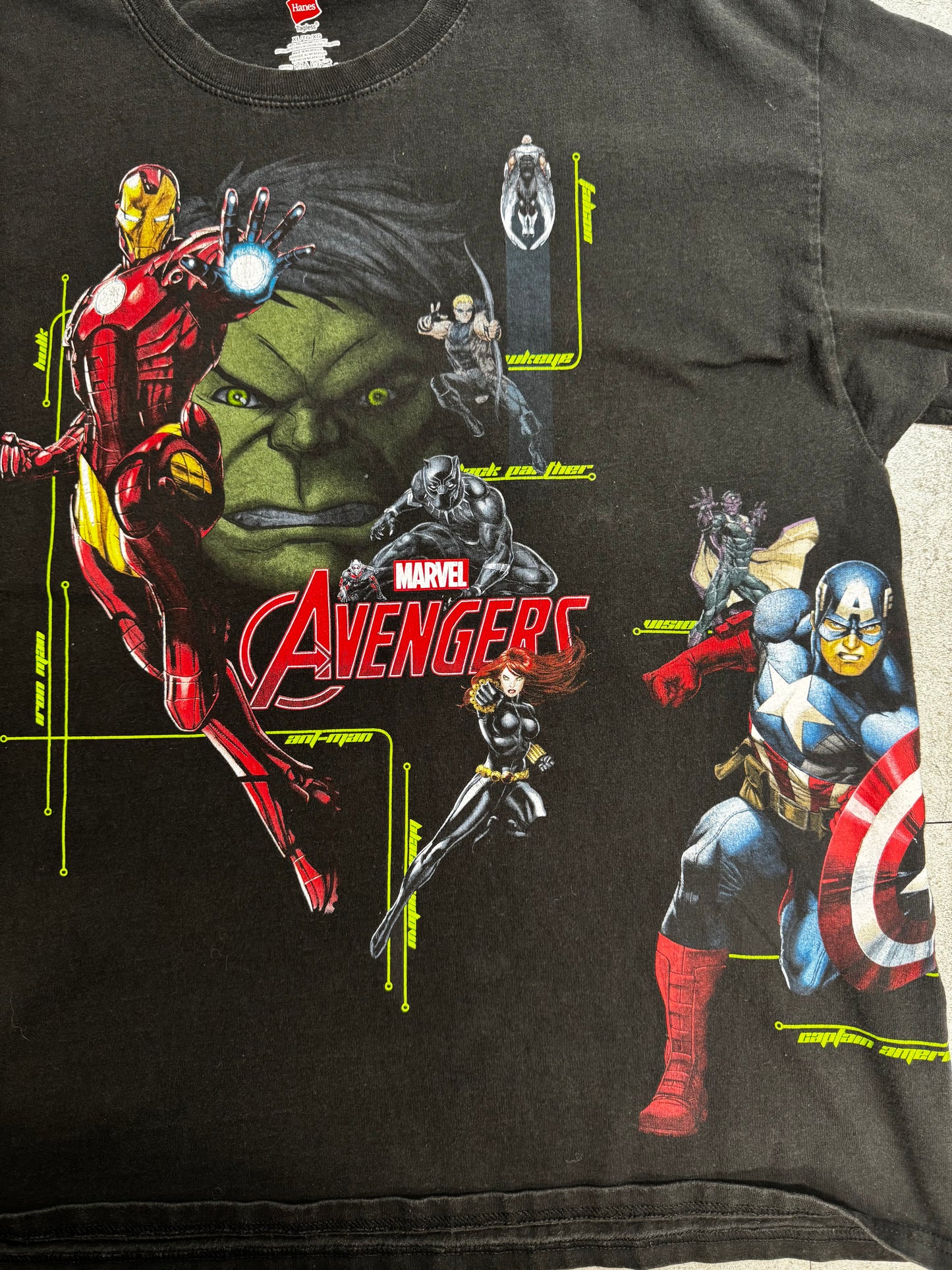 【MARVEL Avengers プリントTシャツ】アベンジャーズ キャラクター集合 Hanes XL ブラック 古着/8-61