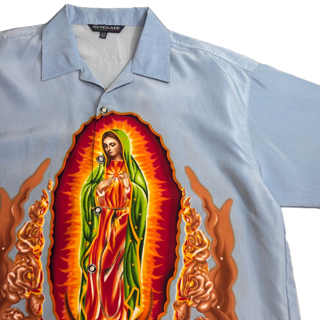 【Our Lady of Guadalupe 半袖シャツ】聖母グアダルーペ マリア 総柄 両面プリント RENEGADE オープンカラー メキシカン チカーノ 古着/8-34