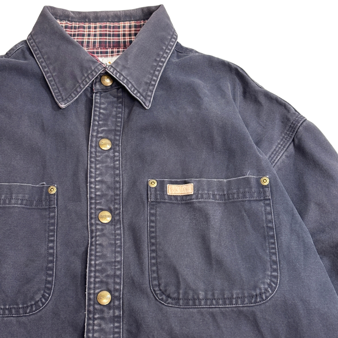 【Carhartt チェック裏地 ダック ワークシャツジャケット】ブラック系 M スナップボタン フェード 古着/8-37