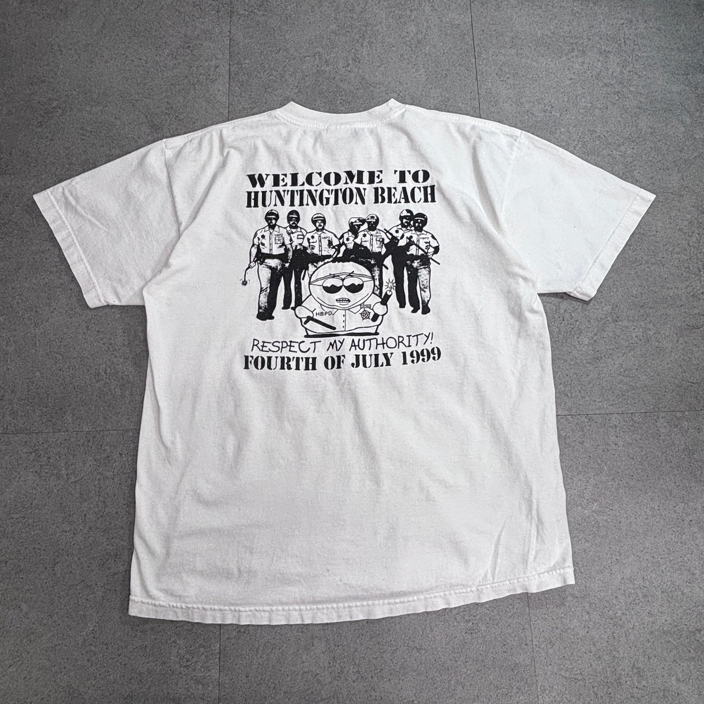 【1999 SOUTH PARK（サウスパーク） “Welcome to Huntington Beach” Tシャツ】USAイベントT XLサイズ ホワイト 古着/7-104
