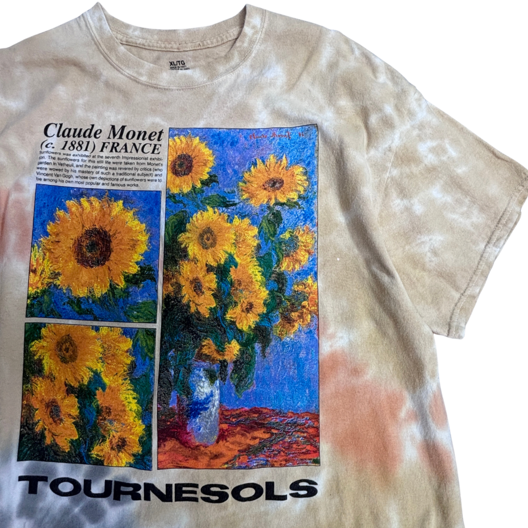 【Claude Monet “TOURNESOLS” アートプリントTシャツ】モネ / ひまわり / アートT / タイダイ染め / ベージュ系/7-66