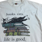 【Edward Gorey books cats life is good プリントTシャツ】エドワード・ゴーリー 猫 本 Fruit of the Loom HEAVY cotton 古着/8-50