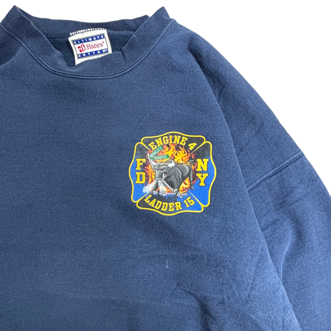 90s Hanes ULTIMATE COTTON FDNY スウェット ENGINE4 LADDER15 消防 プリントスウェット ネイビー USAデザイン/3-25