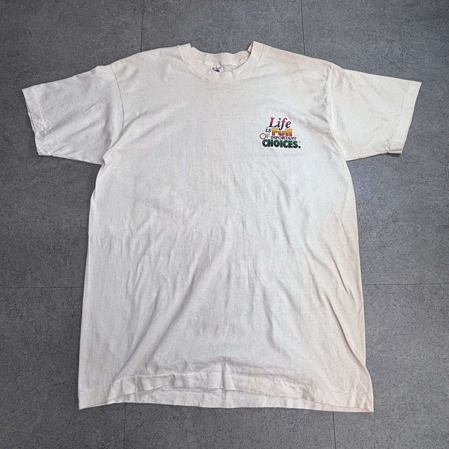 【90s GREAT IMPRESSIONS ワインボトル 総柄Tシャツ】ホワイト USA製 FRUIT OF THE LOOM XL 1994年コピーライト/8-48