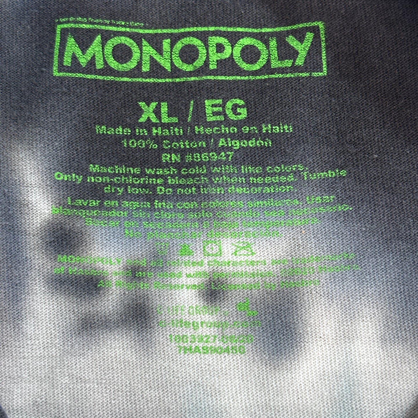 【MONOPOLY タイダイプリントTシャツ】モノポリー Mr. Monopoly お金柄 XL ハイチ製 キャラクターT 古着/8-7