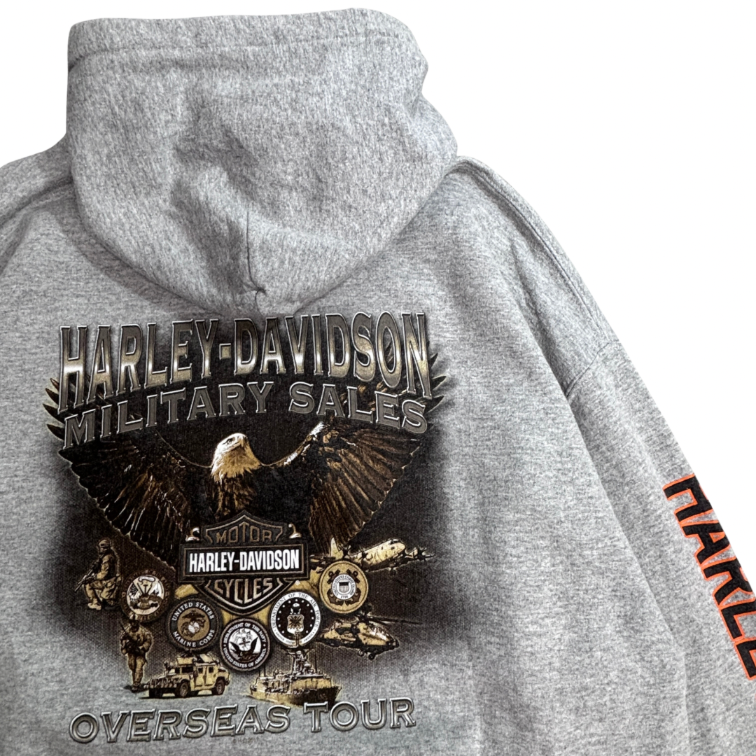 【Harley-Davidson Military Sales パーカー】ハーレーダビッドソン ミリタリー オーバーシーズツアー 両面 袖プリント XL 古着/9-4