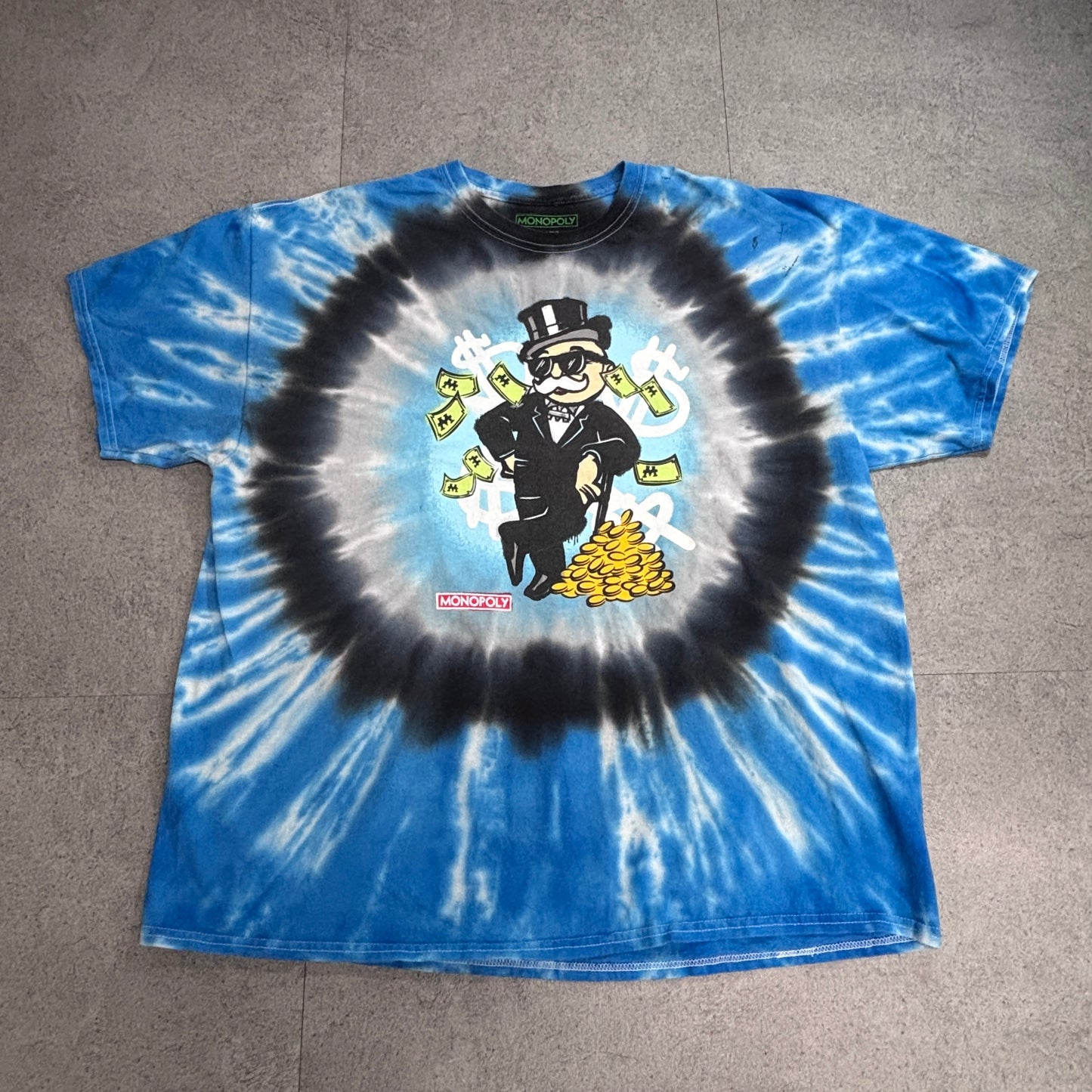 【MONOPOLY タイダイプリントTシャツ】モノポリー Mr. Monopoly お金柄 XL ハイチ製 キャラクターT 古着/8-7