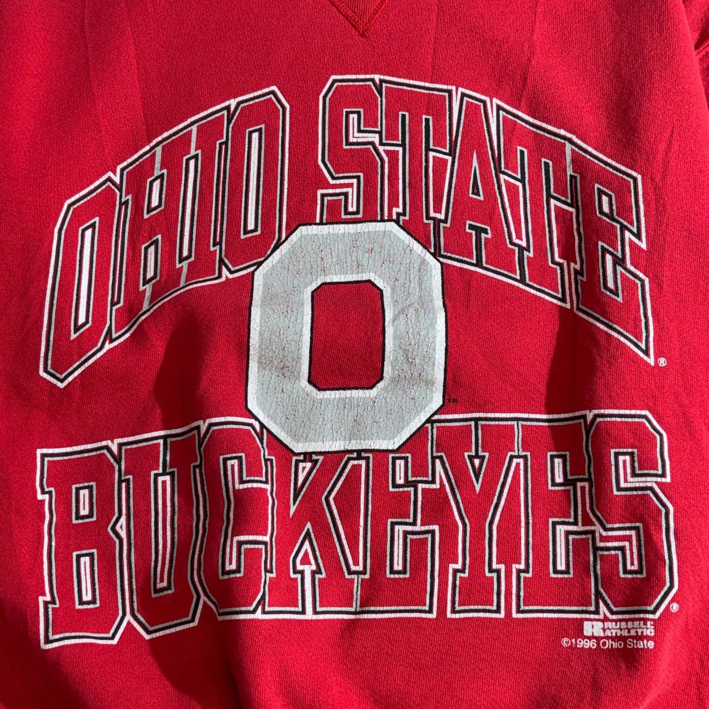 90s USA製 RUSSELL ATHLETIC OHIO STATE BUCKEYES スウェット M レッド 1996年製 オハイオ州立大学 ラッセル アスレチック カレッジロゴ/2-57