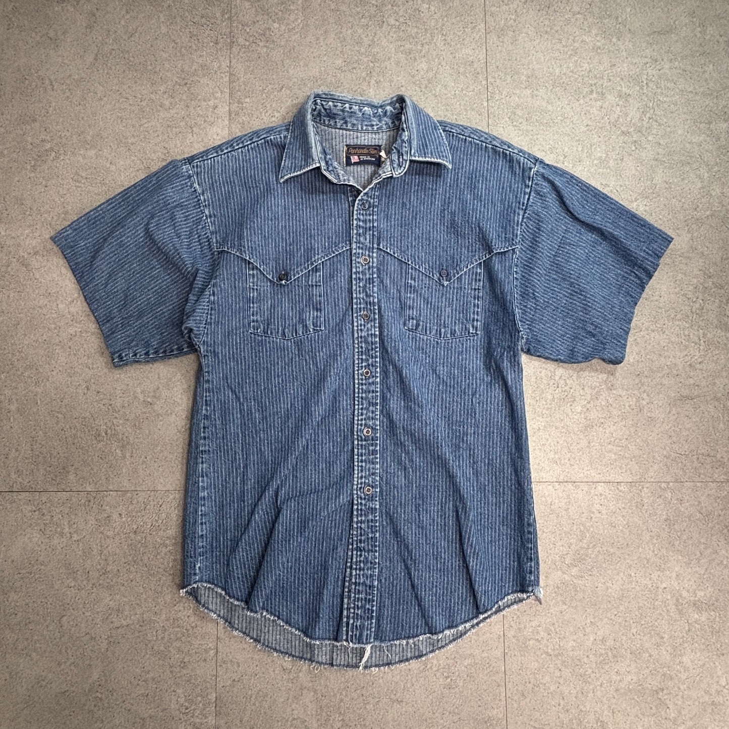 【Panhandle Slim デニムウエスタンシャツ 半袖】ストライプ カットオフ パンハンドルスリム 古着/5-7
