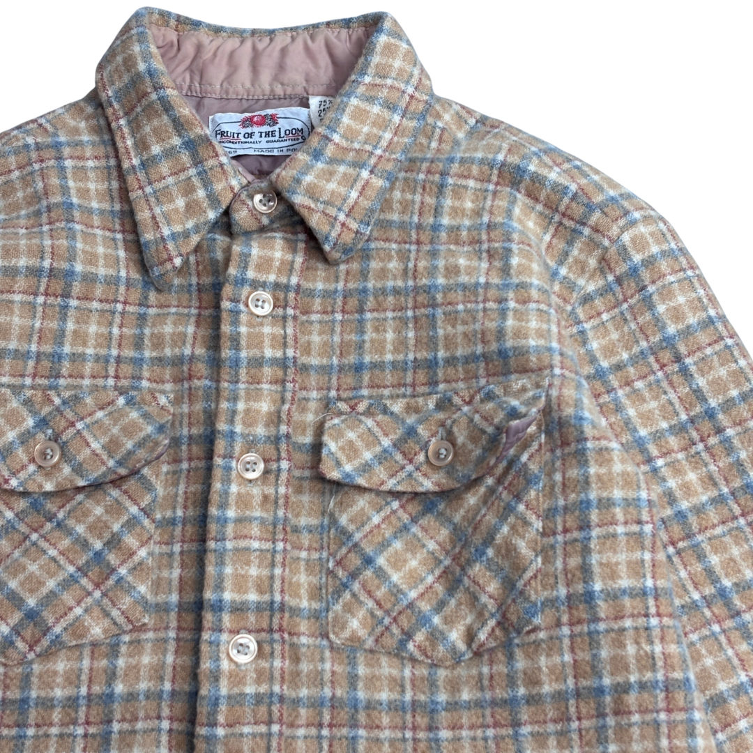 【70s 〜80s FRUIT OF THE LOOM ウールチェックシャツ】ポーランド製 75% WOOL ベージュ L 古着/8-70