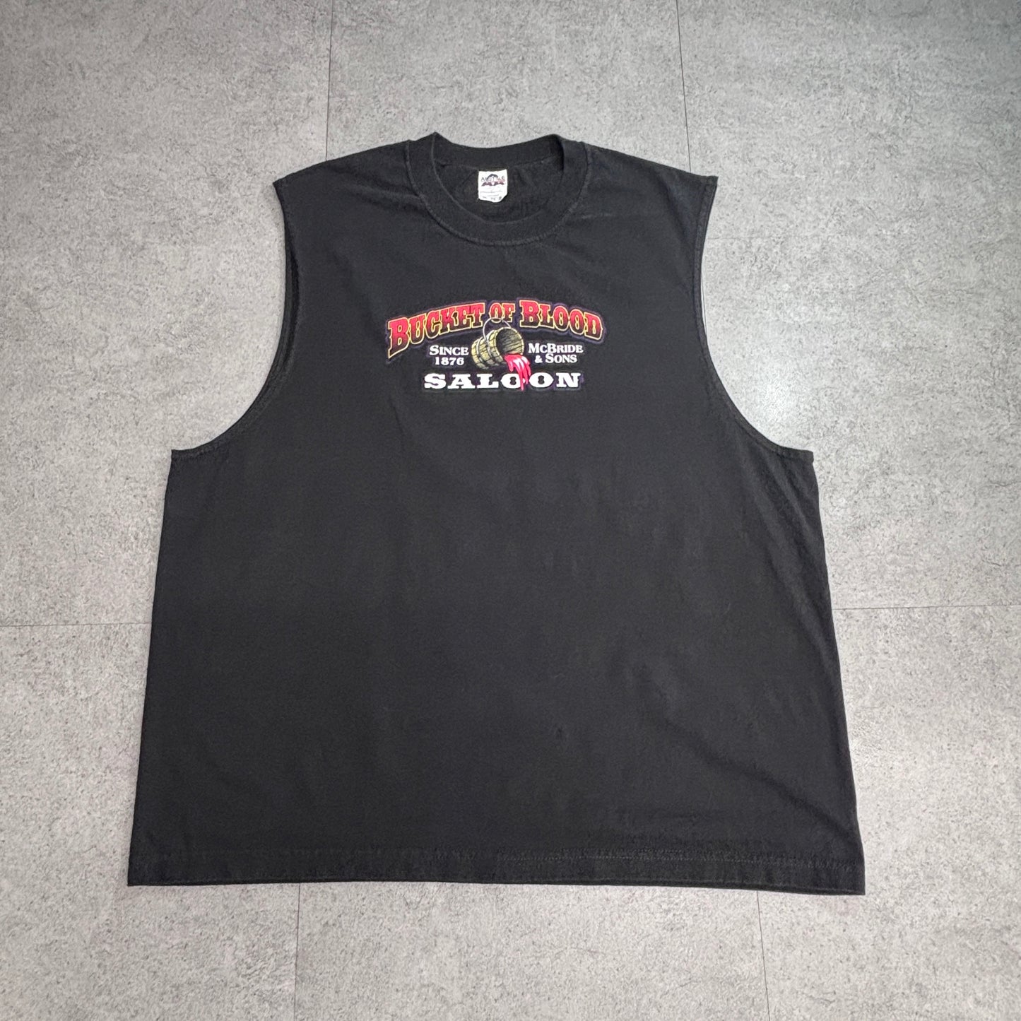 【BUCKET OF BLOOD SALOON バックプリント ノースリーブTシャツ】McBride & Sons スカル バイカー ALSTYLE 2XL ブラック メキシコ製 古着/7-88