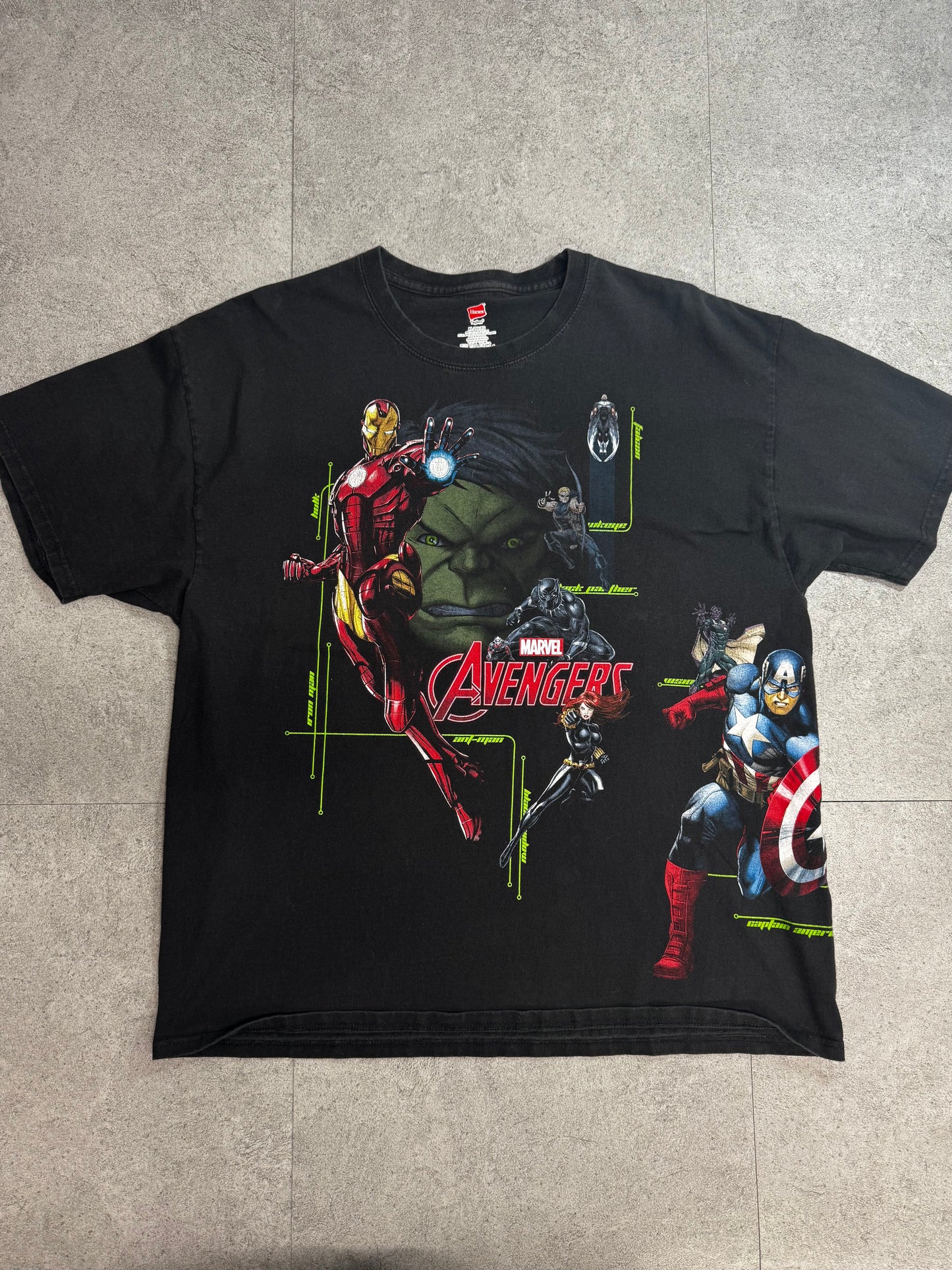 【MARVEL Avengers プリントTシャツ】アベンジャーズ キャラクター集合 Hanes XL ブラック 古着/8-61