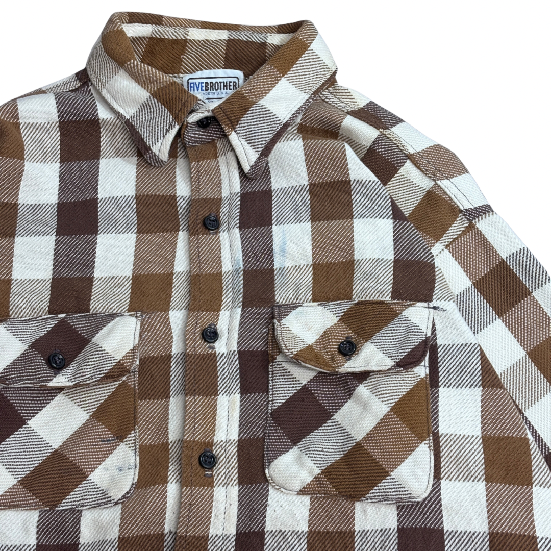 【FIVE BROTHER ヘビーフランネルシャツ】ファイブブラザー USA製 ブラウンチェック ネルシャツ 古着/8-11