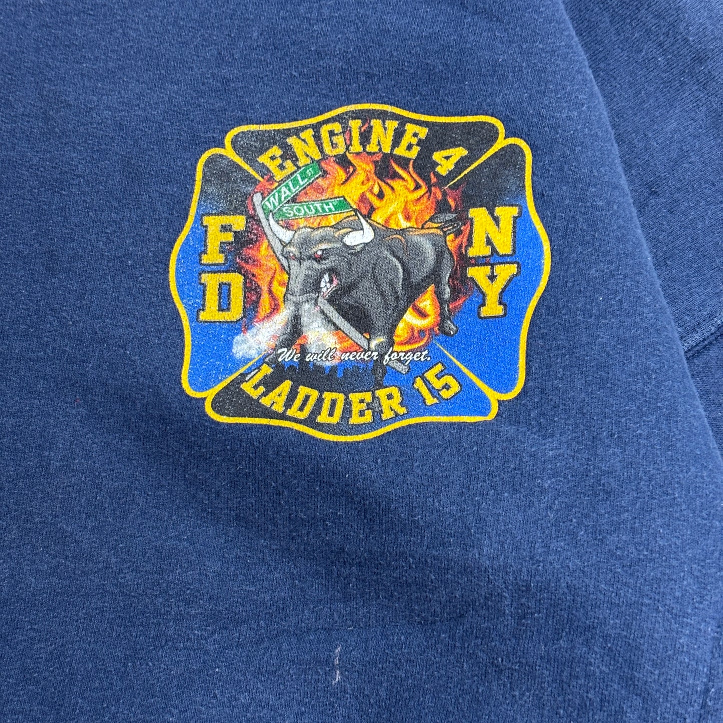 90s Hanes ULTIMATE COTTON FDNY スウェット ENGINE4 LADDER15 消防 プリントスウェット ネイビー USAデザイン/3-25