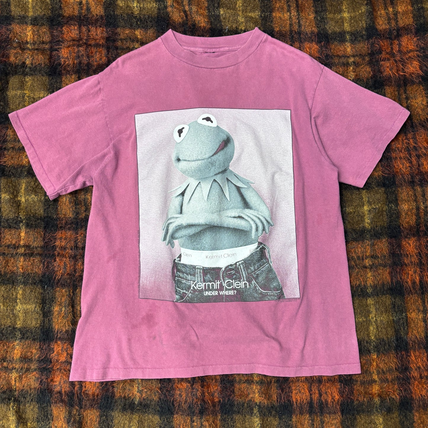 【Kermit Clein カーミット パロディ Tシャツ】くすみエンジ系 キャラクター プリントT 古着/6-8