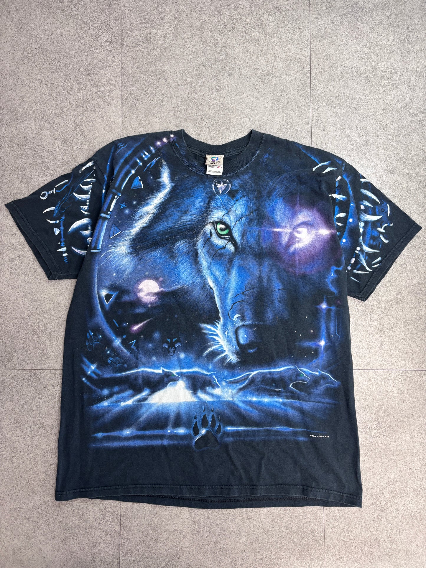 2001 LIQUID BLUE ウルフ フルプリントTシャツ USA製生地 オオカミ アニマルT ブラック XL/4-26