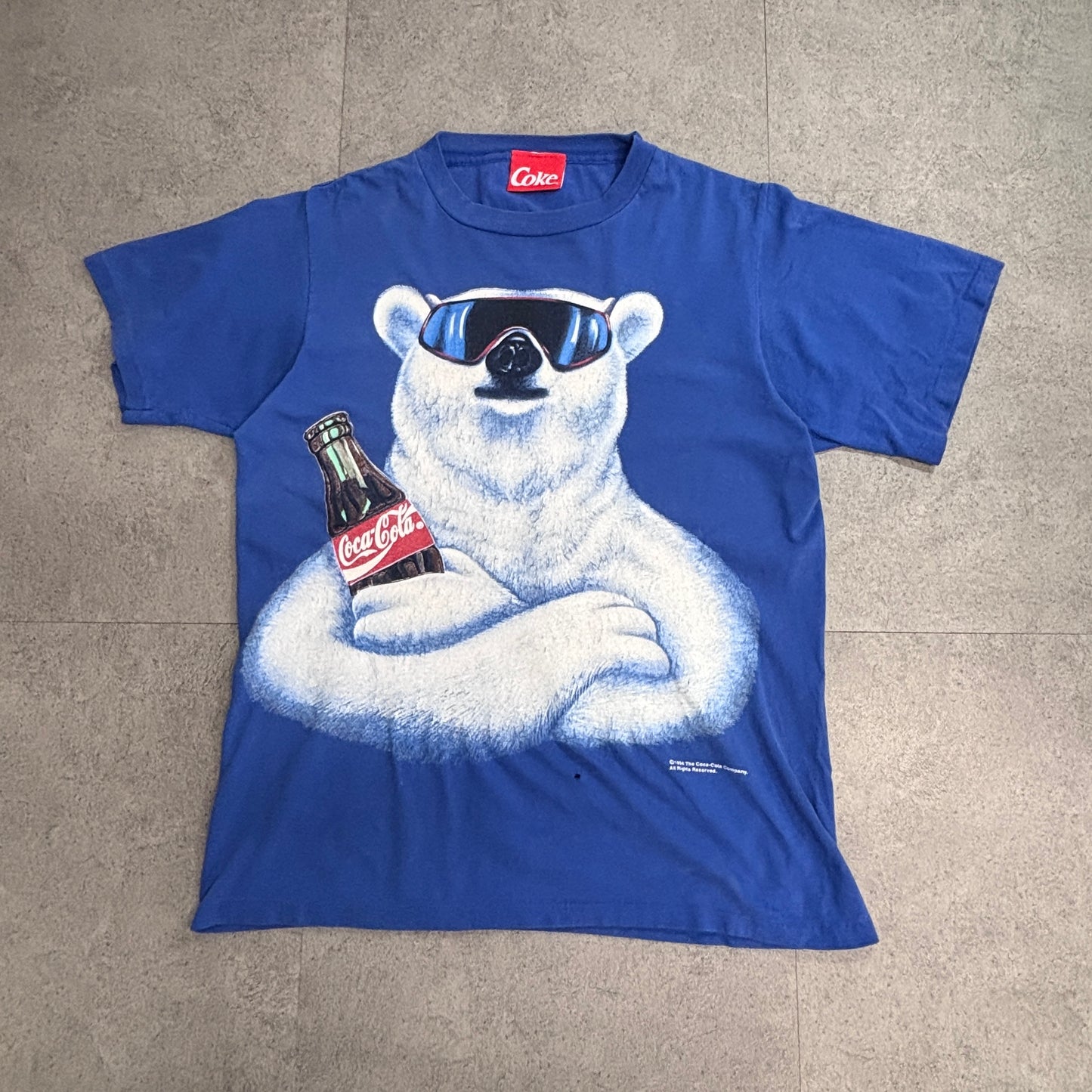【Coca-Cola 1994 ポーラーベア プリントTシャツ】コカコーラ シロクマ サングラス 青ボディ 90s 古着/8-40