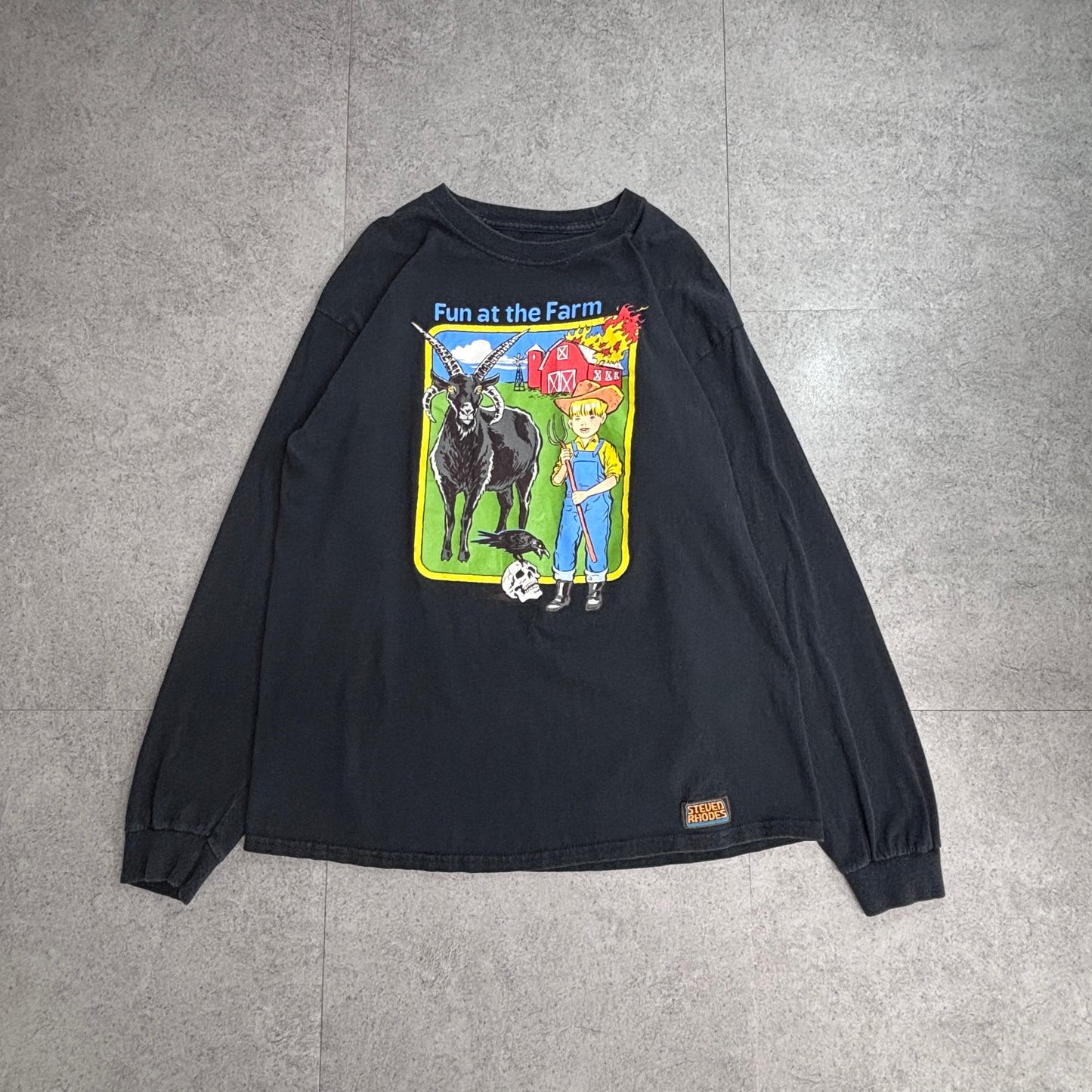 【STEVEN RHODES “Fun at the Farm” ロングスリーブTシャツ ブラック】スティーブンローズ 長袖 プリントT 古着/4-52