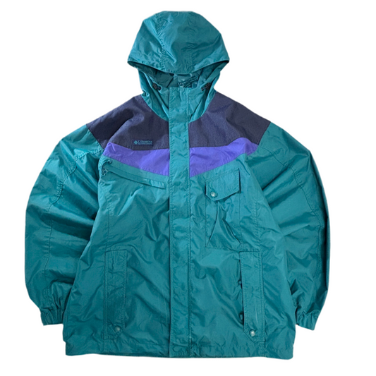 90s Columbia カラーブロック ナイロン フーデッドジャケット ティール×パープル 切替 アウトドア 古着