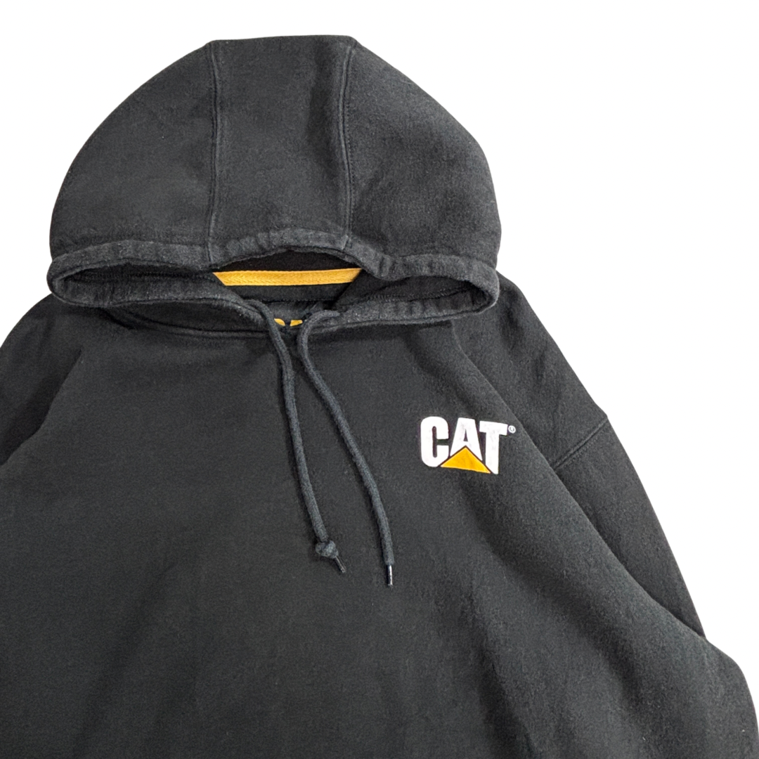 【CAT CATERPILLAR プルオーバーパーカー】キャタピラー 袖ロゴ ブラック XL 企業ロゴ ワーク系 古着/9-12