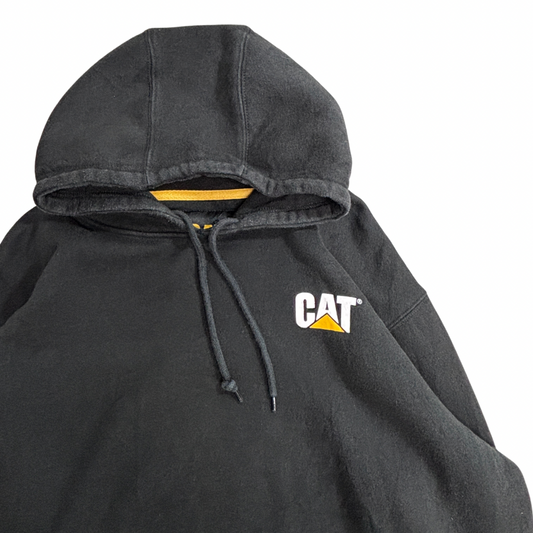 【CAT CATERPILLAR プルオーバーパーカー】キャタピラー 袖ロゴ ブラック XL 企業ロゴ ワーク系 古着/9-12