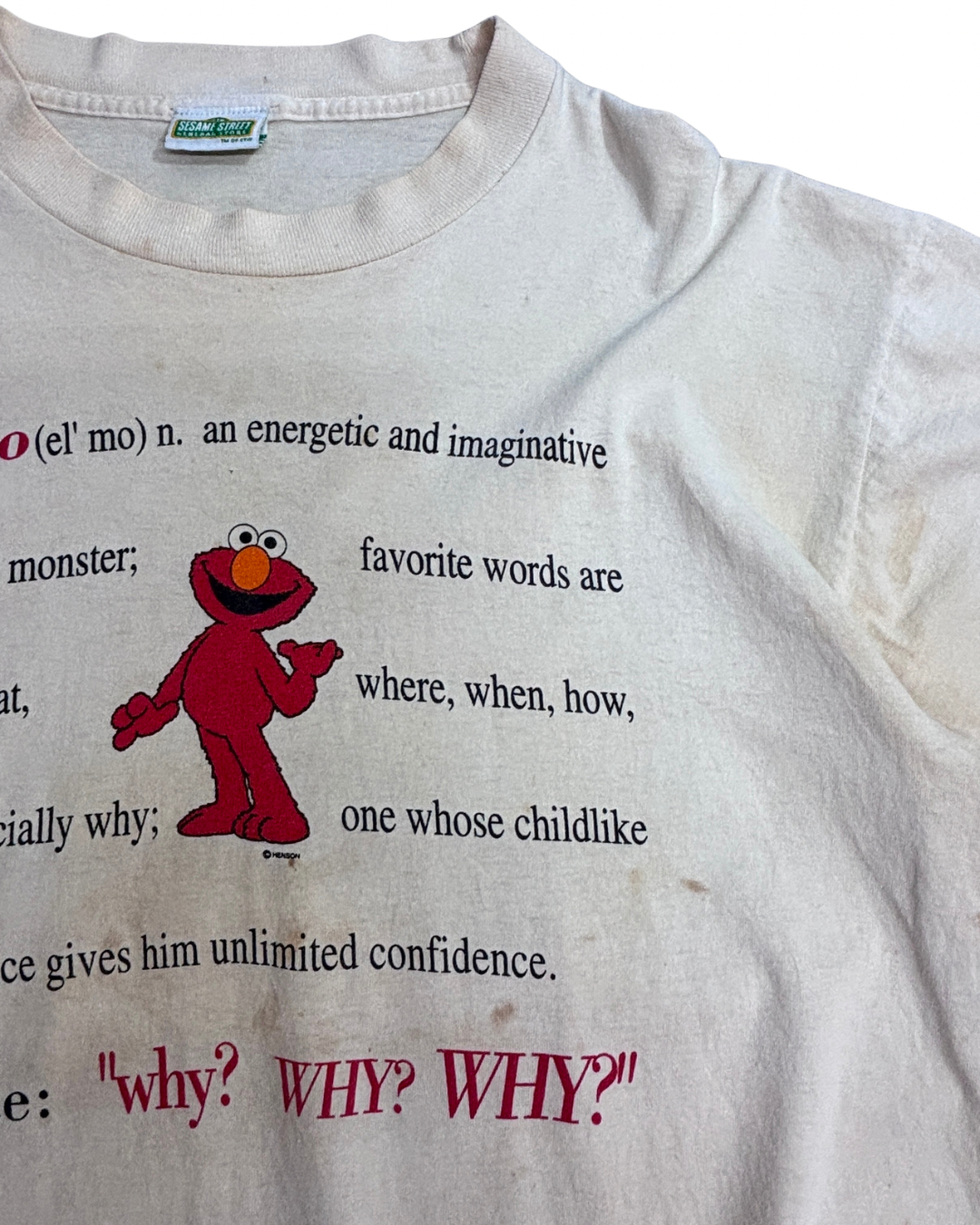 【Sesame Street Elmo プリントTシャツ】エルモ キャラクターT 生成り セサミストリート 古着/5-5