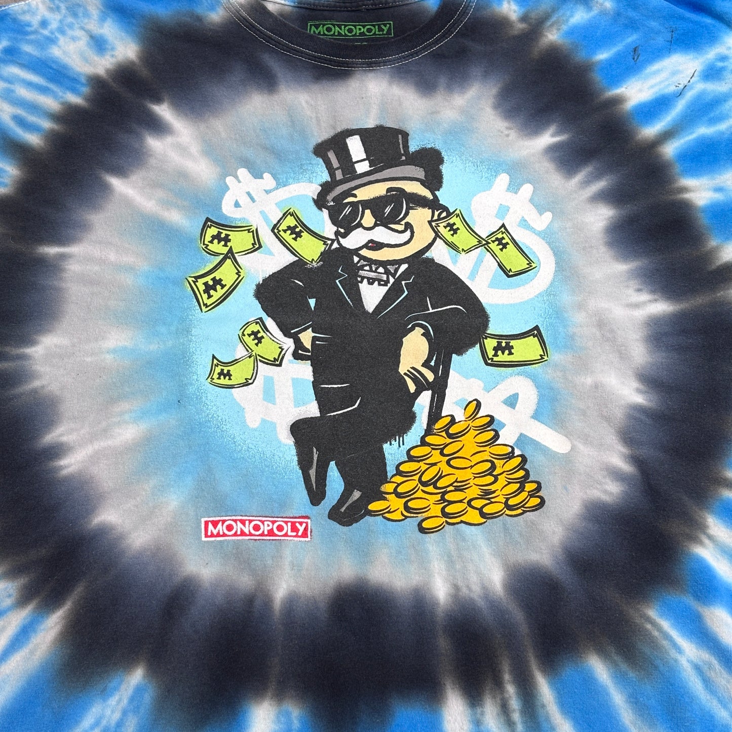 【MONOPOLY タイダイプリントTシャツ】モノポリー Mr. Monopoly お金柄 XL ハイチ製 キャラクターT 古着/8-7