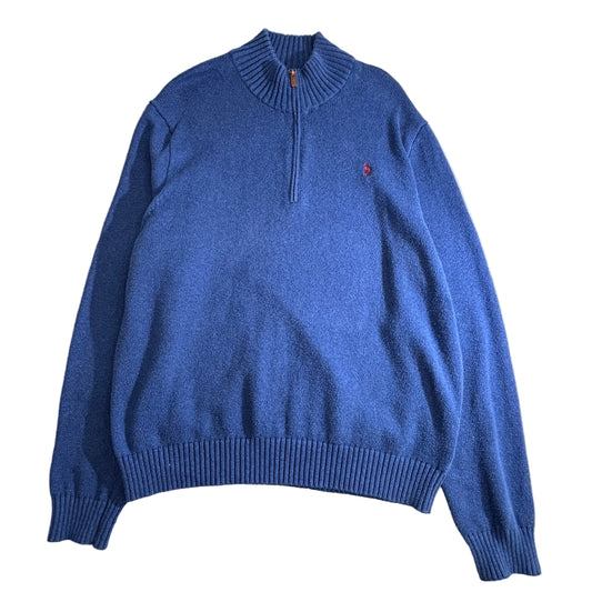 【POLO RALPH LAUREN】ハーフジップ ニット セーター XXL ブルー ワンポイント刺繍 ポロラルフローレン /2-67