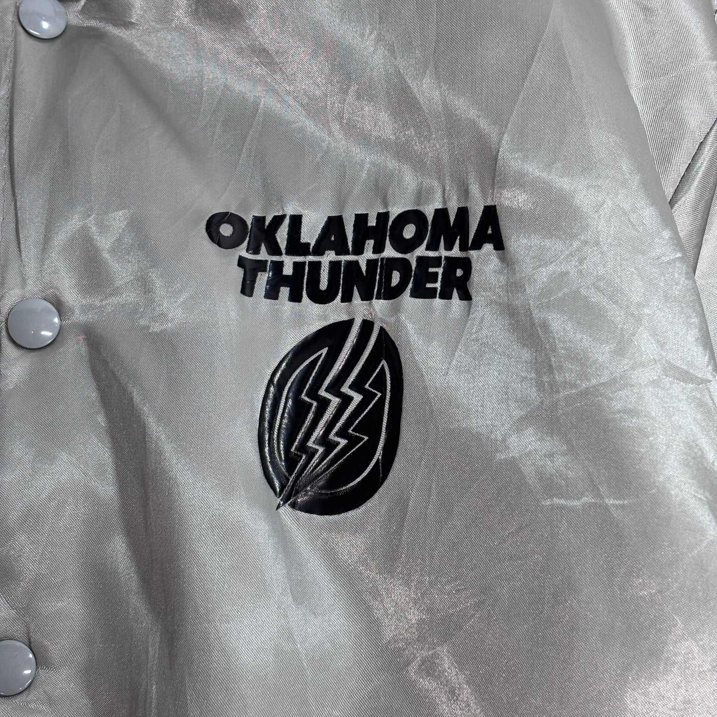 90s Swingster OKLAHOMA THUNDER サテンスタジャン USA製 XLサイズ｜シルバー 中綿 バスケ チーム系/3-49