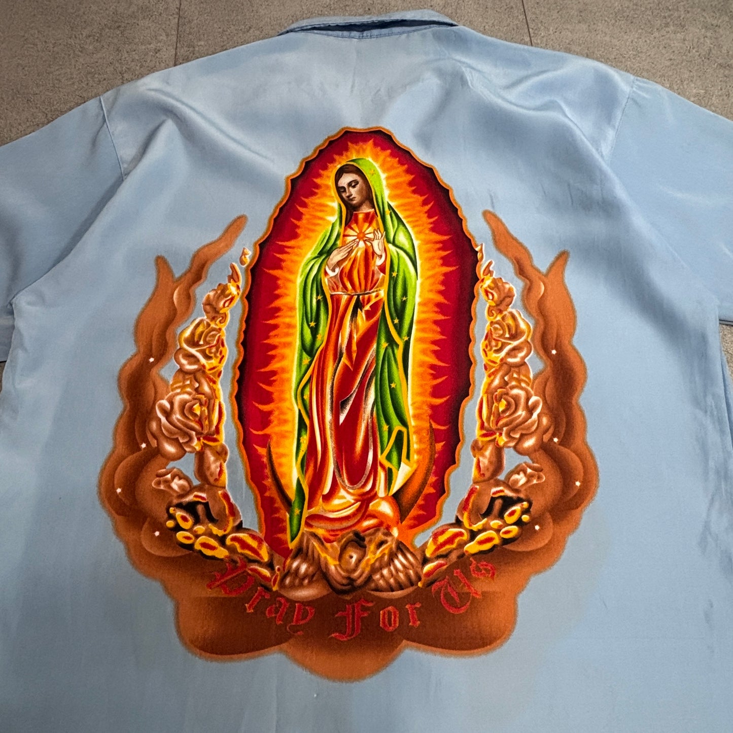 【Our Lady of Guadalupe 半袖シャツ】聖母グアダルーペ マリア 総柄 両面プリント RENEGADE オープンカラー メキシカン チカーノ 古着/8-34