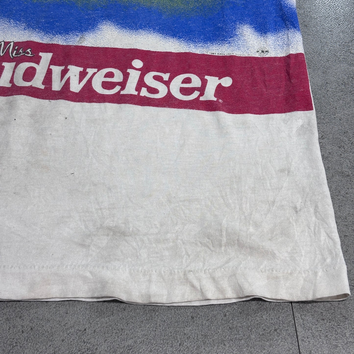 【Budweiser 1991 Miss Budweiser プリントTシャツ】バドワイザー ハイドロプレーン Bernie Little WORLD CHAMPION USA製 90s BEST Fruit of the Loom 古着/8-33