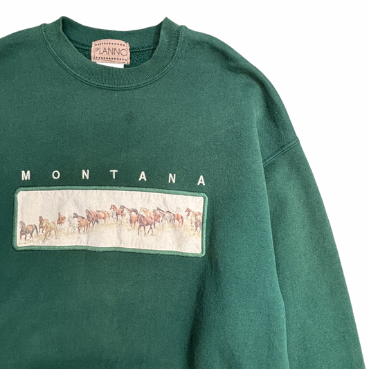 【90s LANNON MONTANA ホース刺繍 スウェット LARGE】USA製 ヴィンテージ モンタナ 馬 アニマル グリーン クルーネック/2-105
