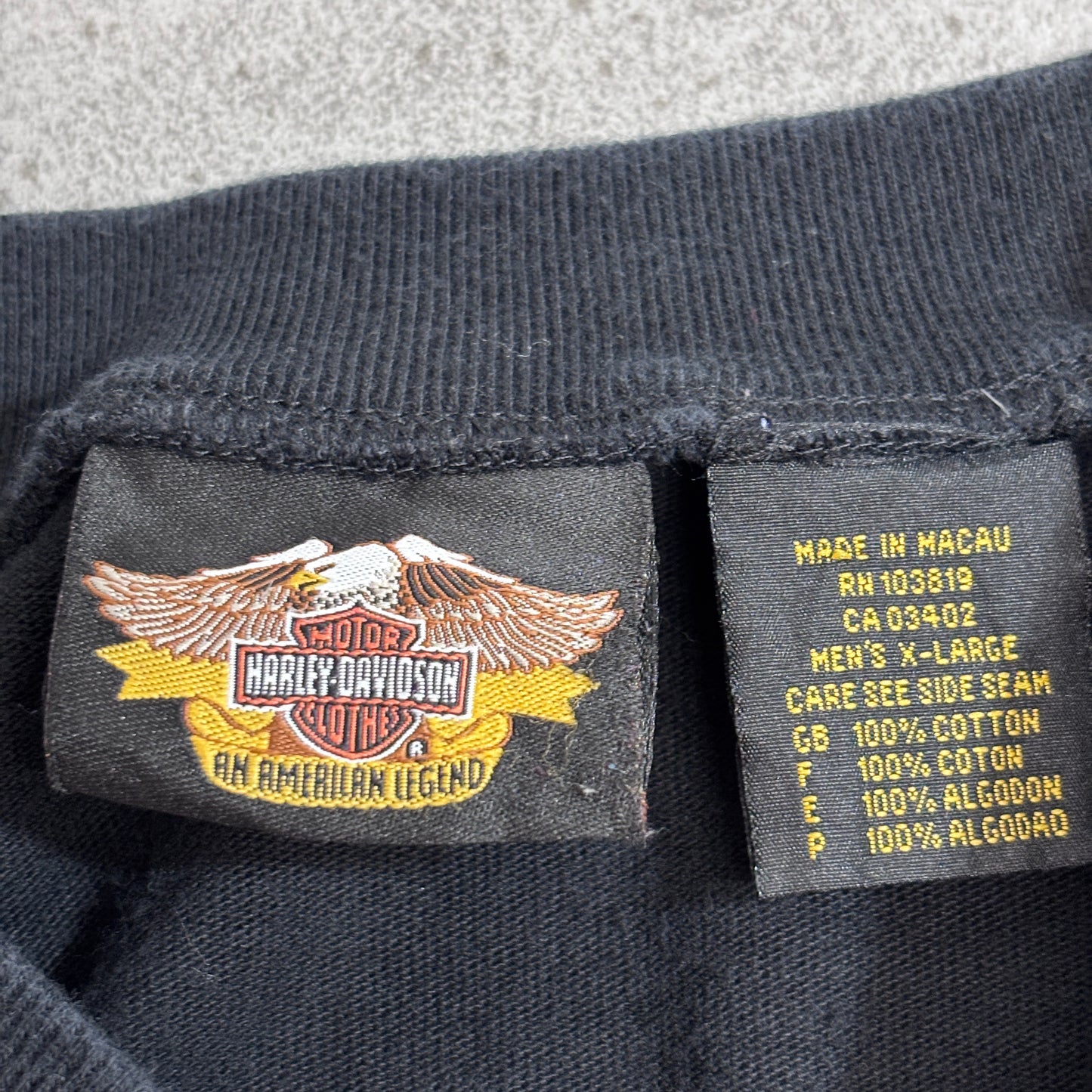 【HARLEY-DAVIDSON V-TWIN POWER ヘンリーネック ロングスリーブTシャツ】ブラック 刺繍 マカオ製/8-47