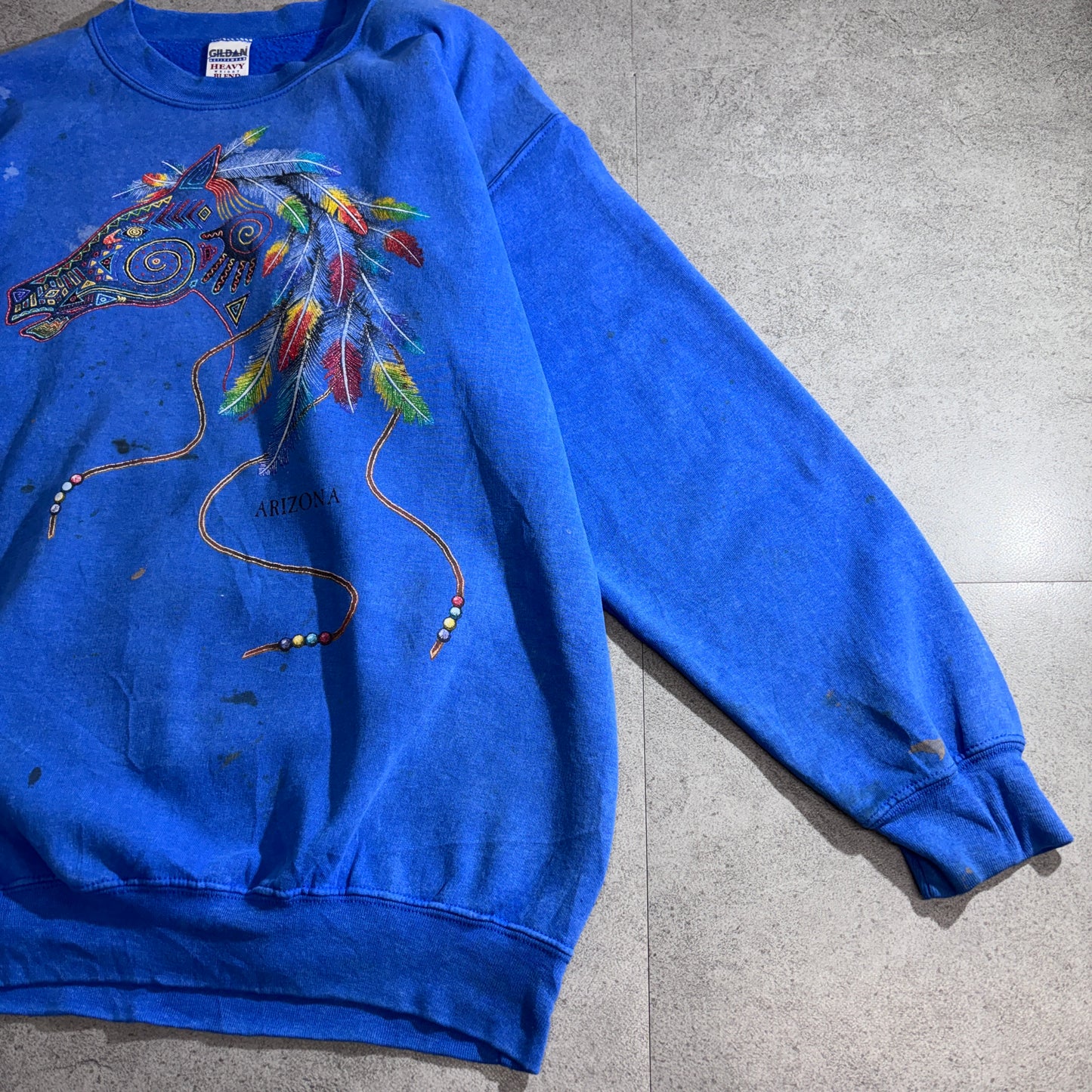 GILDAN スウェット / ARIZONA ホース＆フェザープリント / Lサイズ / メキシコ製 / ブルー/2-51