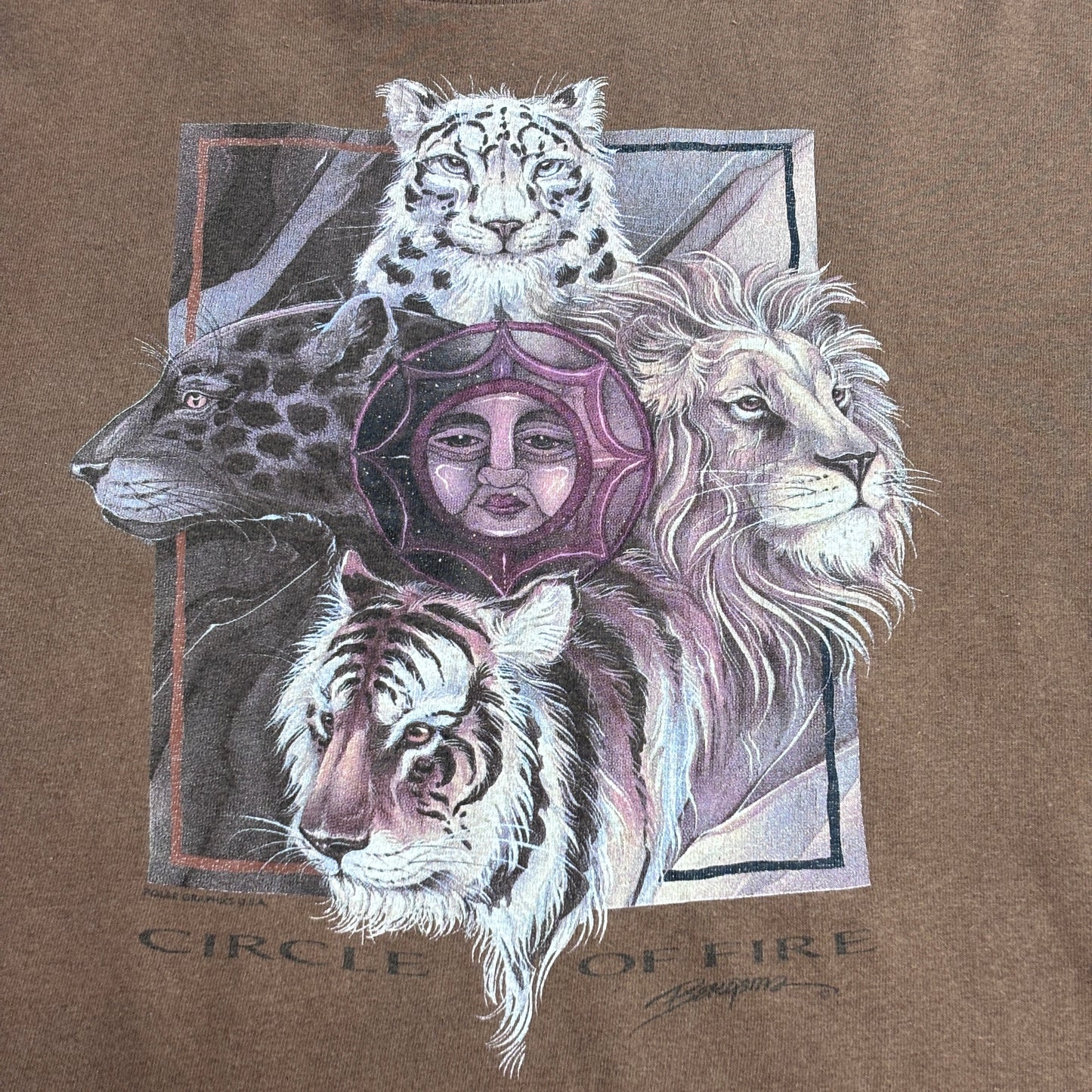 【Circle of Fire USA製 アニマルアート プリントTシャツ anvilボディ XL ライオン タイガー ヒョウ 90s ヴィンテージ 古着】8-25